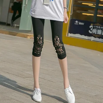 Kadın yazlık pantolonlar İçi Boş Dantel Streç Tayt Spor Spor Sıska Orta Buzağı Pamuk Dikiş Beyaz Siyah Pembe Alt