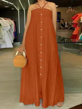 ZANZEA Moda Maxi Bandeau Elbiseler Tatil Strappy boyundan bağlamalı elbise Kadınlar Seksi Düğmeler Vestidos 2023 Yaz Rahat Gevşek Elbiseler