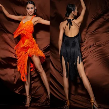 latin elbise saçak Yeni turuncu siyah chacha samba salsa elbise pratice giyim latin rekabet elbise W23A214