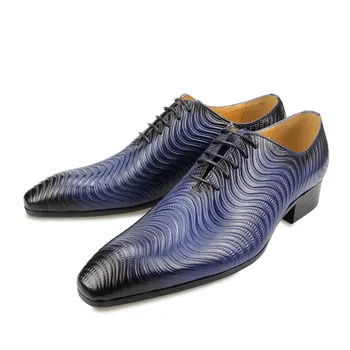 Erkek El Yapımı Elbise Ayakkabı Mavi Moda Baskı Rahat Ofis İş Sivri Burun Oxford Resmi Ayakkabı Erkekler için Toptan