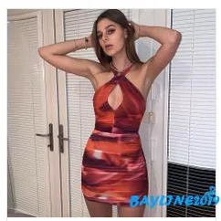 BAY-Kadın Dar Seksi Elbise, Kırmızı Derin V Yaka Kolsuz Omuzdan Tek parça Elbise