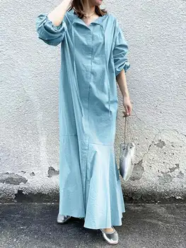 ZANZEA Zarif Maxi Uzun Elbiseler Bahar Uzun Kollu Gömlek Elbise kadın V Boyun Sundress Kadın Baggy Tatil Vestidos Robe 2023