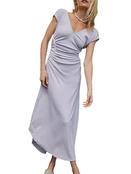 Kadın yaz uzun elbise Kolsuz Aç Geri düz renk A-line moda elbise Kokteyl gece elbisesi (Pembe M)