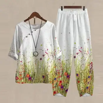 Kadınlar Vintage İki Parçalı Set 2023 Yaz Casual O Boyun Çiçek Baskı Kısa Kollu Gömlek Yüksek Bel Gevşek pantolon Takım Elbise Kadın Kıyafetler