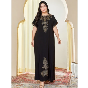 Artı Boyutu Kadın Müslüman Boncuk Nakış Abaya Kısa Kollu Maxi Elbise Türkiye Dubai Arapça Rahat Kaftan Kaftan Jalabiya Vestidos
