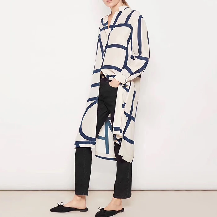 Kadın İpek Geometrik Çizgili Midi Gömlek Elbise Bayan Uzun Kollu Turn Down Yaka Düzensiz Tek Göğüslü Düz Elbiseler 2021 - 0