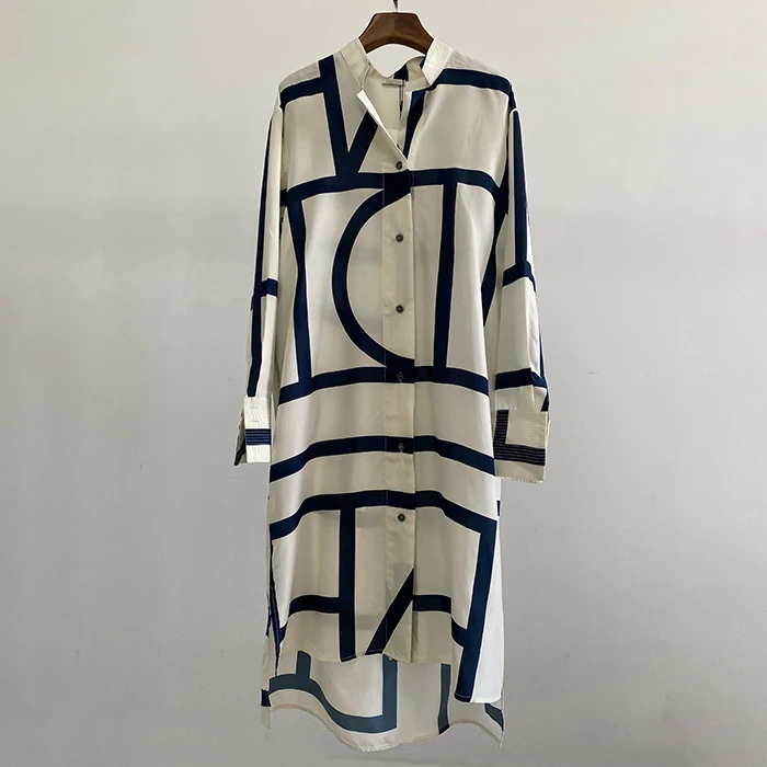 Kadın İpek Geometrik Çizgili Midi Gömlek Elbise Bayan Uzun Kollu Turn Down Yaka Düzensiz Tek Göğüslü Düz Elbiseler 2021 - 1
