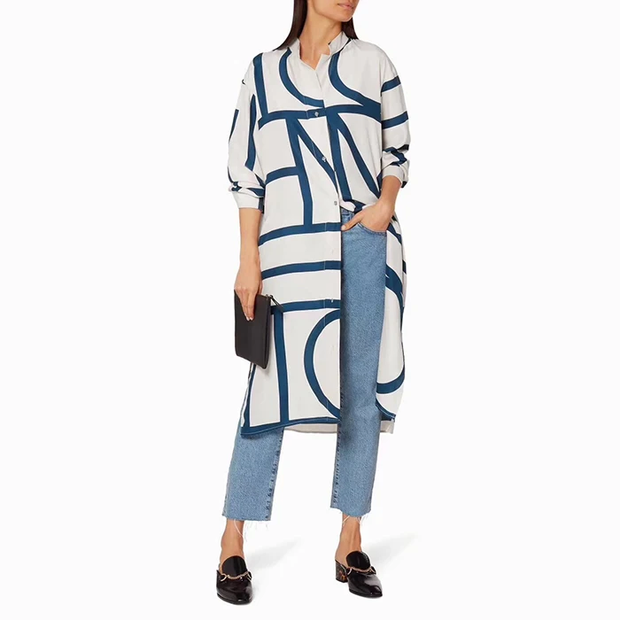 Kadın İpek Geometrik Çizgili Midi Gömlek Elbise Bayan Uzun Kollu Turn Down Yaka Düzensiz Tek Göğüslü Düz Elbiseler 2021 - 2