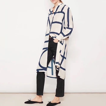 Kadın İpek Geometrik Çizgili Midi Gömlek Elbise Bayan Uzun Kollu Turn Down Yaka Düzensiz Tek Göğüslü Düz Elbiseler 2021