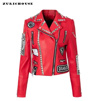 Kırmızı Kırpılmış Deri Ceket Kadınlar için 2023 Trend Kaya Punk Tarzı Streetwear Motosiklet Baskılı Suni Deri Çivili Ceket