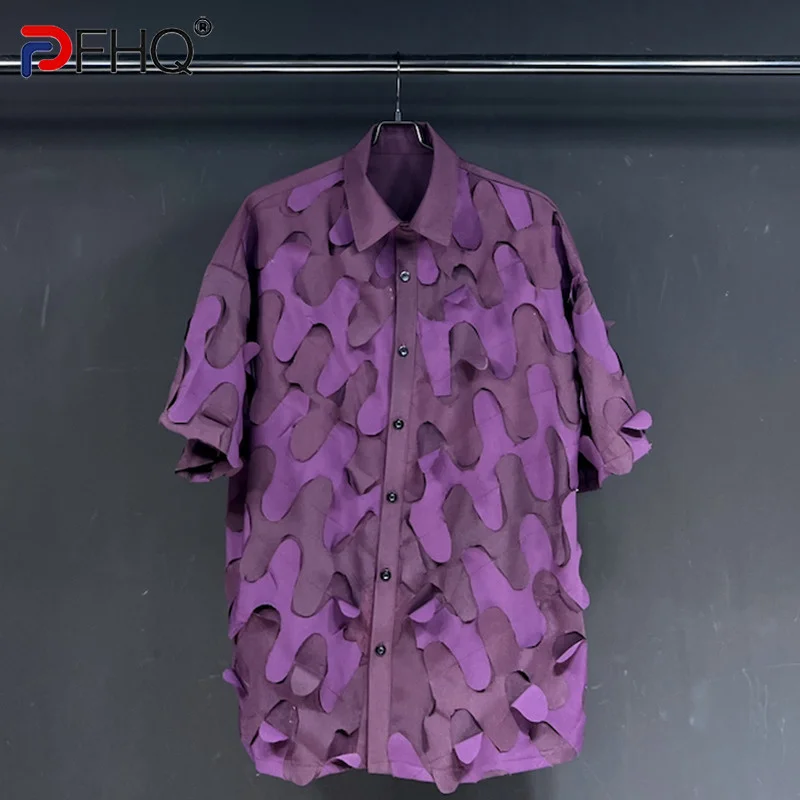 PFHQ 2023 Yaz Yeni Moda Patchwork Çapak Gömlek Erkekler Turn-aşağı Yaka Kısa Kollu Gevşek erkek Bluz Giyim 21F3507 - 0