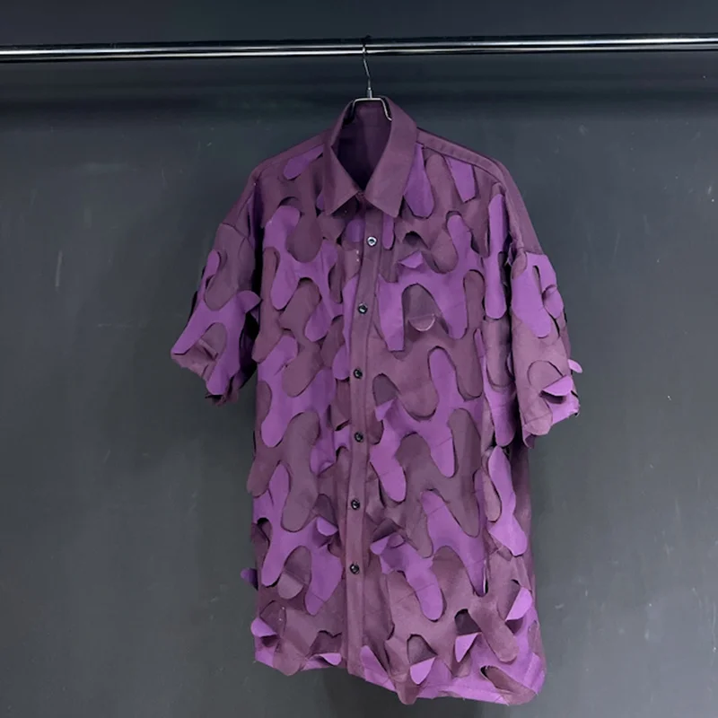 PFHQ 2023 Yaz Yeni Moda Patchwork Çapak Gömlek Erkekler Turn-aşağı Yaka Kısa Kollu Gevşek erkek Bluz Giyim 21F3507 - 1