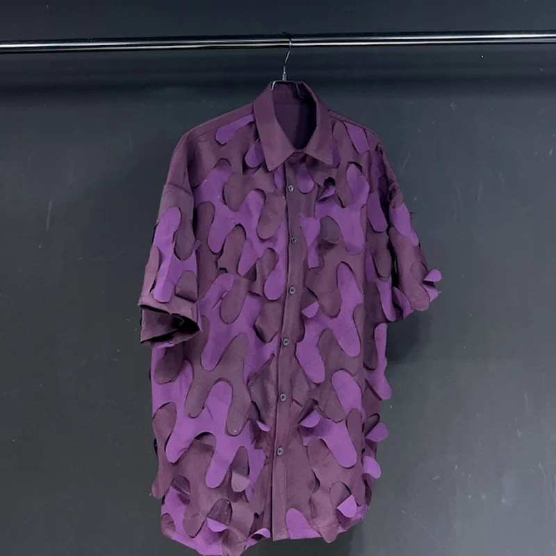 PFHQ 2023 Yaz Yeni Moda Patchwork Çapak Gömlek Erkekler Turn-aşağı Yaka Kısa Kollu Gevşek erkek Bluz Giyim 21F3507 - 2