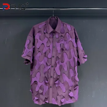 PFHQ 2023 Yaz Yeni Moda Patchwork Çapak Gömlek Erkekler Turn-aşağı Yaka Kısa Kollu Gevşek erkek Bluz Giyim 21F3507