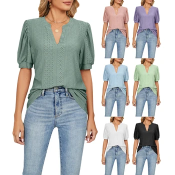 Kadın Moda Kısa Kollu bluz Tops Yaz Düz Renk Zarif Puf Kollu Rahat Gevşek Kesme V Yaka T-Shirt Streetwear