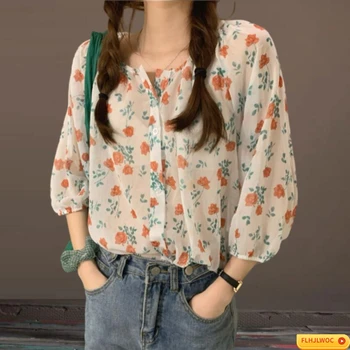 Sevimli Tatlı Bluzlar Tops 2023 Moda Kadın İnce Şeffaf Rahat Japonya Tiki Tarzı Çiçek Baskı Retro Vintage Düğme Gömlek