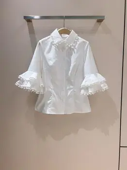 Moda kadın Bluz ve Gömlek 2023 Pist Lüks Avrupa Tasarım Parti Tarzı Yarım Parlama Kollu Beyaz Bluz Giyim