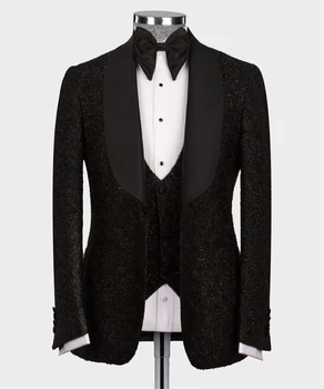 Lüks Glitter Düğün Smokin Siyah Resmi Damat Erkek Takım Elbise 3 adet Blazer Yelek Pantolon Düğün Balo Parti Elbise erkek