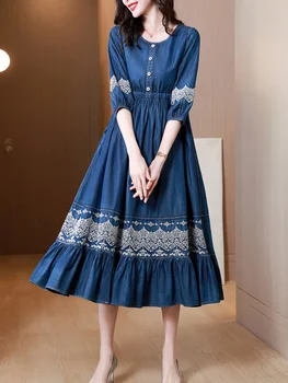 TIYIHAILEY 2023 Yeni Ücretsiz Kargo Vintage Kadınlar Uzun Orta Buzağı Yaz Denim M-XL Yarım Kollu Nakış Elbise Çin Tarzı