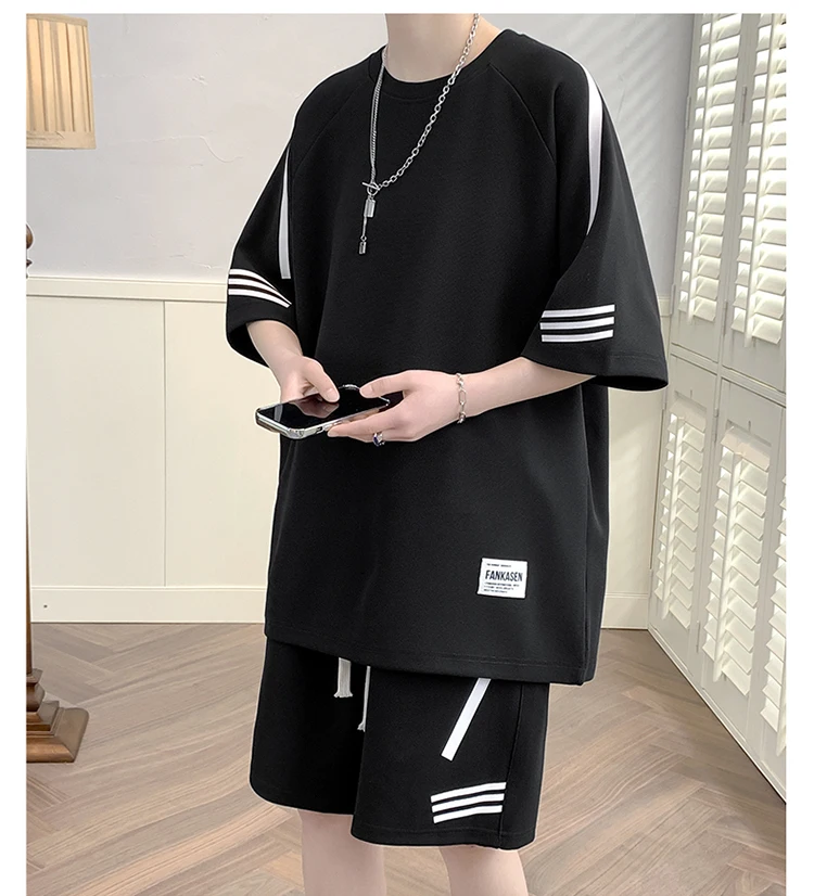 Kore Moda Streetwear Şort Setleri Erkekler Yaz Rahat kısa takım Elbise Rahat Tişörtleri Şort 2 Parça Setleri Eşofman Giysileri Erkekler için - 2