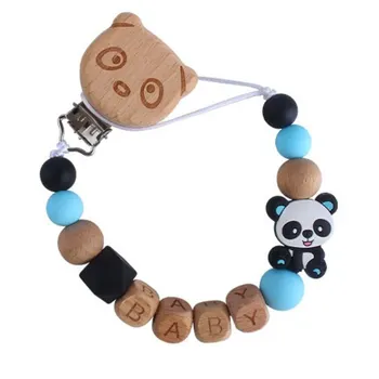 Kişiselleştirilmiş Adı Silikon Panda Boncuk Emzik Zinciri Ahşap Emzik Klip Tutucu Bebek Diş Çıkarma Emzik Çiğnemek Oyuncak