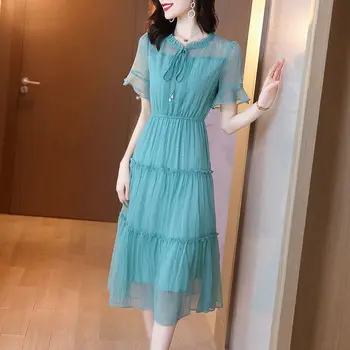 Rahat Düz Renk Şifon Midi Elbise kadın giyim Yaz Yeni A-Line Moda Ruffles Patchwork Kore İpli Yay Elbiseler
