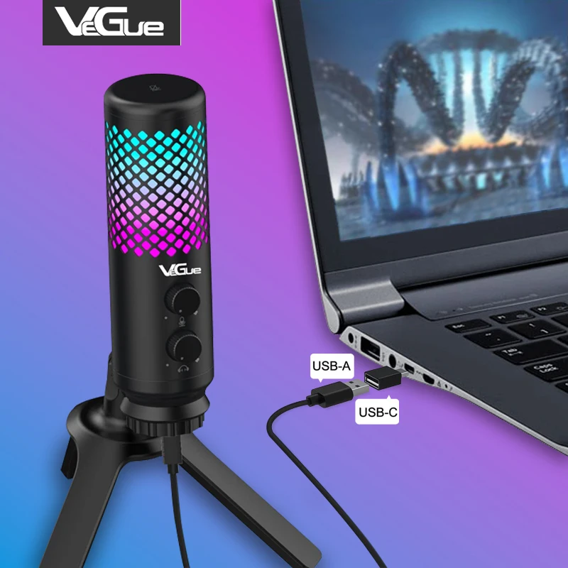 Vegue Masaüstü Kondenser Metal Mikrofon Seti Kablolu Mikrofon Şarkı İçin Oyun Canlı Akış led ışık tripod standı - 0
