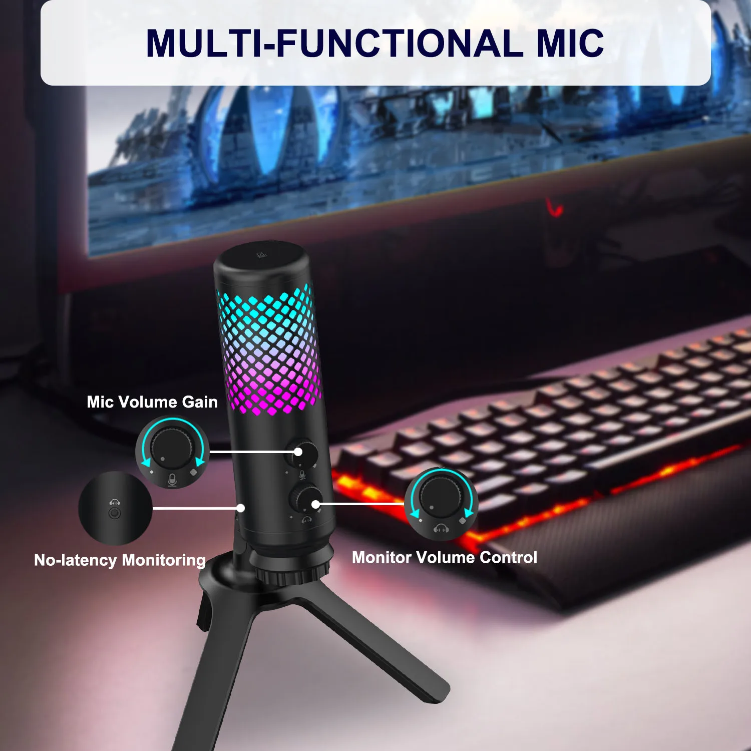 Vegue Masaüstü Kondenser Metal Mikrofon Seti Kablolu Mikrofon Şarkı İçin Oyun Canlı Akış led ışık tripod standı - 3