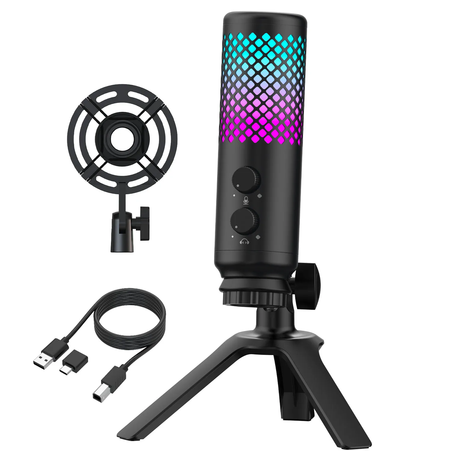 Vegue Masaüstü Kondenser Metal Mikrofon Seti Kablolu Mikrofon Şarkı İçin Oyun Canlı Akış led ışık tripod standı - 5