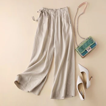 2023 Yeni Yaz Moda Vintage Pamuk Kenevir Katı Gevşek Elastik Bel Kırpılmış rahat pantolon Kadınlar için