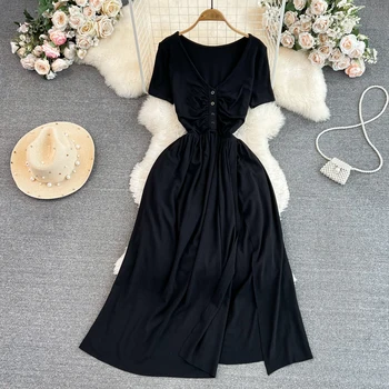 2023 Yaz Vintage Kadınlar Siyah elbise Mizaç V Boyun Kısa Kollu Sıska Yarık A-Line Düz Renk Basit kadın elbisesi