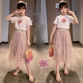 Çocuk Giyim pamuk Kız Set Yaz Yeni Kore Baskı çocuk giysileri Örgü Etek Kısa Kollu Üst İki Parçalı Setleri