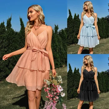 2023 Moda İlkbahar Yaz Yeni Rahat Düz Renk V Yaka bel kemerli elbise Kadınlar için Elbise Y2k Elbise Mini Elbise Bodycon Elbise