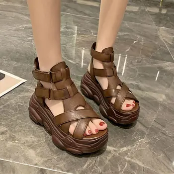 Yeni platform sandaletler Kadın Düğmesi Tuval Öğrencileri Kadın Yaz Serin Modern 7cm Yüksekliği Artan Topuk Kalın Taban Ayakkabı