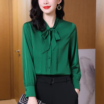 İlkbahar Yaz kadın Gömlek Zarif Moda Yay Gömlek Uzun Kollu Bluzlar Kadınlar İçin Gerçek İpek Ofis Bayan Katı Bluz Tops
