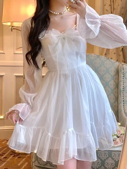 Deeptown Lolita Fairycore Beyaz Korse Elbise Kadınlar Fransız Vintage See Through Fırfır Yay Uzun Parlama Kollu Prenses balo kıyafetleri