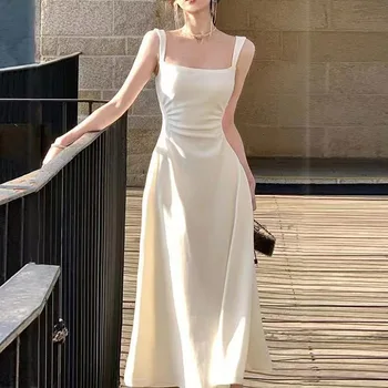 Beyaz Askı Elbise Yaz Kadınlar İçin 2023 Yeni A-line Fransız Tarzı Kemer Ve Niş Tasarım Uzun Etek