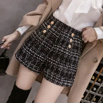 Çift Düğmeler Tüvit Şort Kadın Yüksek Bel Kore Rahat Sonbahar Kış Yeni Yün Şort Ofis Geniş Bacak kısa pantolon Y60