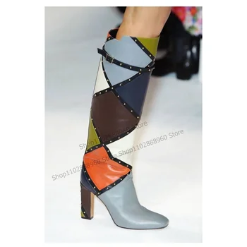 Karışık Renk Diz Yüksek Perçin Kemer Tokası Dekor Çizmeler Tıknaz Yüksek Topuk Kadın Ayakkabı Slip-On Kare Ayak 2023 Zapatos Para Mujere