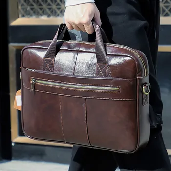 Sıcak Erkek Hakiki Deri Evrak Çantası 14 inç dizüstü bilgisayar çantası Erkek İş Seyahat omuz çantası erkekler Belgeleri omuzdan askili çanta