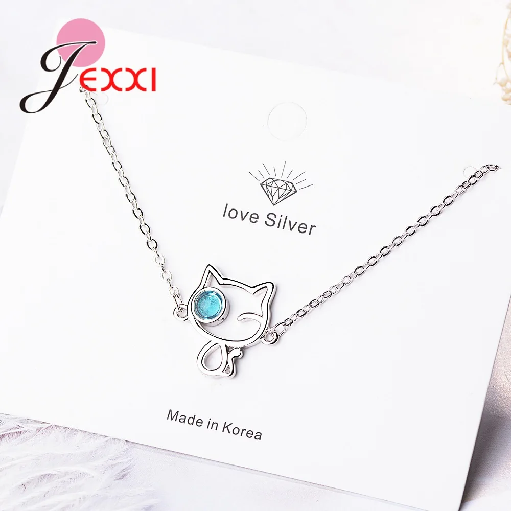 Yeni Marka Kadınlar Tatlı Sevimli Kedi Mavi Temizle Kristal 925 som gümüş bileklikler Noel Seviyor Dostluk Hediyeler Takı - 1