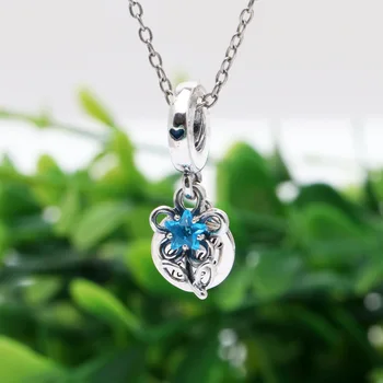 Yeni Orijinal 925 Ayar Gümüş Boncuk Mavi Blooming Çiçek Çift Dangle Charm Fit Pandora Bilezik Kolye DIY Kadınlar Takı