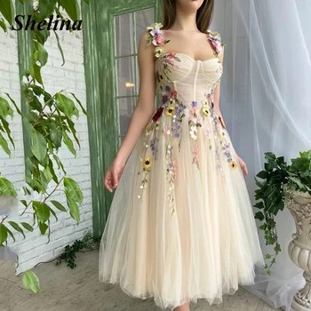 Shelina Pastrol 3D Çiçekler doğum günü partisi elbisesi Sevgiliye Spagetti Kayışı Ayak Bileği Uzunlukta A-line Elbiseler De Soirée Custom Made