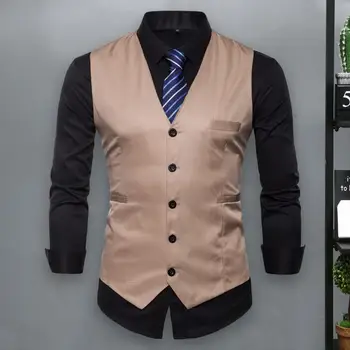 Erkekler Düz Renk takım elbise Yelek V Yaka Kolsuz Cepler Tek göğüslü Slim Fit Ofis Yelek İş Giysisi