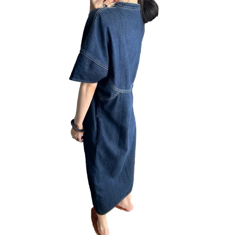 Yaz Yeni Elbise Şişman Kız Kişilik İpli Denim Gömlek Sanatsal Giyim Artı boyutu Kısa kollu Hırka A-line Etek - 4