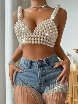 Seksi Vücut Zinciri Euro-Amerikan Yeni Lüks Tamamen El yapımı İnci Bikini Kaşkorse İç Çamaşırı Kadın Giyim Boncuklu Sutyen Zinciri