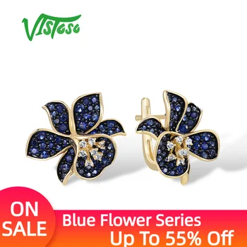 VISTOSO Altın Küpe Kadınlar İçin 9K 375 Sarı Altın Köpüklü Lab Düzenlendi Safir Beyaz Topaz Mavi zambak çiçeği Güzel Takı