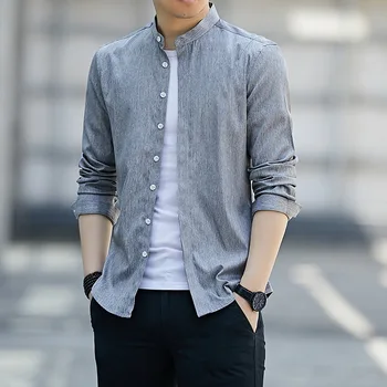 Kore Versiyonu Erkek Standı Yaka Uzun Kollu Gömlek Sonbahar Yeni düz renk slim fit uzun kollu erkek gömlek Kargo Gömlek Camisas De Hombre Bluz