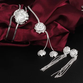 Özel Teklif 925 Ayar Gümüş Güzel Gül Çiçek Bileklik Yüzük Bilezik Kolye Küpe takı seti Kadınlar için Parti Hediyeler
