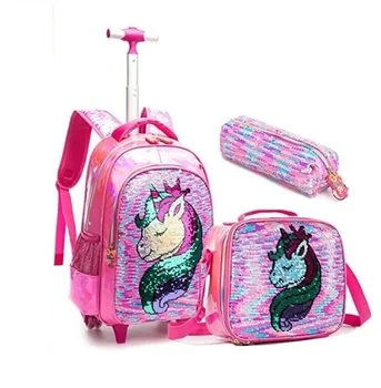 Jasmınar Haddeleme Sırt Çantaları 16 inç Öğle Yemeği Çantası ve Kalem Kutusu Kızlar için tekerlekli okul çantaları Seti Çocuklar Haddeleme Bagaj Çantası
